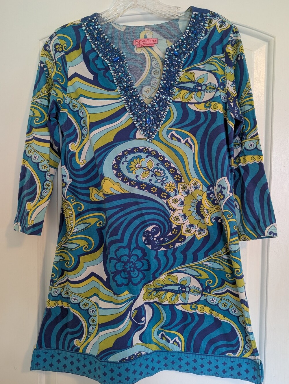 Joyous & Free Blue Teal Navy Paisley Beaded V-Neck Tunic